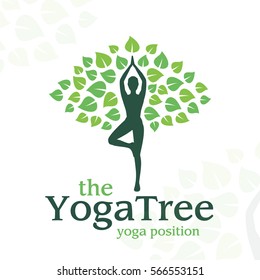 Vector yoga logo concept. tree position insignia design. Wellness center illustration. Girl with leaves on white background