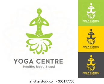 Vector yoga logo, icons - graphic design elements in flat style for spa or yoga center, studio. Healthy body and Soul. 