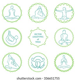 vector yoga logo set - position and meditation in round frame