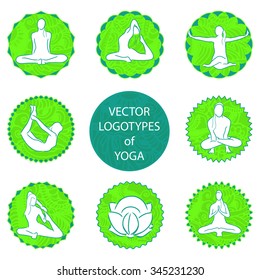 vector yoga logo set - position and meditation in round frame
