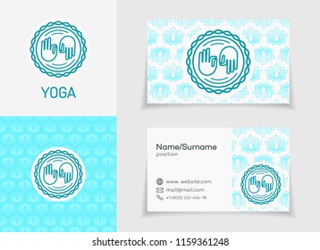 Vector yoga logo template set with business card, pattern for fitness center, sport emblem, meditation class. Healthcare, lifestyle logotype design elements. 10 eps