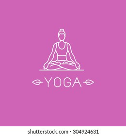 Vector yoga logo in trendy linear style - woman practicing yoga in the lotus pose - Padmasana
