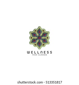 Vector yoga logo. Wellness, spa, well being cut paper style illustration. Flower label icon template.