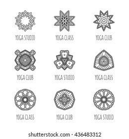 Vector yoga mandala line badges. Graphic design elements in outline style. Logo templates for spa center or yoga studio