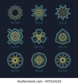 Vector yoga mandala line badges. Graphic design elements in outline style. Logo templates for spa center or yoga studio