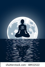 Vector yoga with ohm symbol over moon background