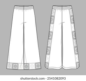 Dibujo técnico de los pantalones de yoga de Vector, mujer de pierna ancha pantalones de sudadera de moda CAD, Plantilla, boceto, plano. Pantalón de jersey o tejido con vista frontal, trasera, color blanco. Pantalón Palazzo dibujo