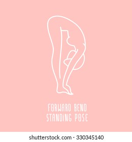 Vector yoga pose flat linear asana icon, simple sign of woman in standing forward bend pose, white outline logo isolated on pink, fitness and sport illustration