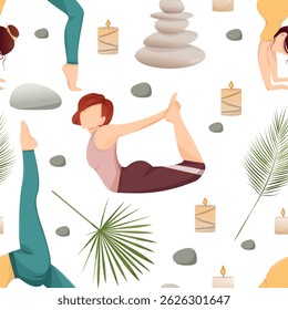 Vector yoga poses y decoración sin patrón, meditación y yoga repetir papel Ilustración