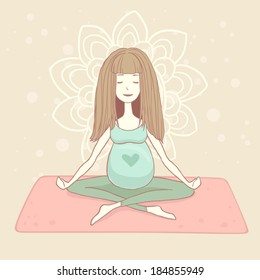 Vector yoga pregnant woman in lotus position on abstract floral background