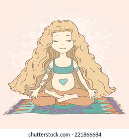 Vector yoga pregnant woman in lotus position meditation on abstract background