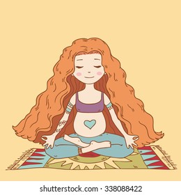 Vector yoga pregnant woman in lotus position meditation on abstract background