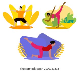 vector yoga set in a flat and cartoon style on a white background, people yoga, asana and do sports and gymnastics, morning warm-up