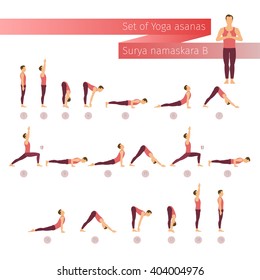 Vector yoga set in flat style. Surya namaskar B. Sun salutation yoga complex. Ashtanga vinyasa yoga. Man doing yoga. Yoga lifestyle