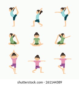 Vector yoga set illustration. girl yoga exercises. in lesson class, Healthy lifestyle concept.