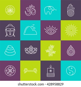 Vector yoga and spa icons and badges - graphic design elements in outline style.