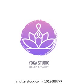 Vector yoga studio logo, emblem, label design template. Abstract human in lotus position on watercolor circle background. Linear woman silhouette and lotus flower symbol.