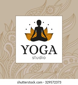 Vector yoga studio logo. Lotus yoga pose logo.Yoga maditation logo. Logo with a woman exercising yoga relaxation pose on a lotus background.