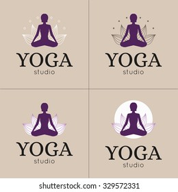 Vector yoga studio logos set. Lotus yoga pose logo.Yoga maditation logo. Logo with a woman exercising yoga relaxation pose on a lotus background.