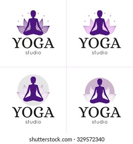 Vector yoga studio logos set. Lotus yoga pose logo.Yoga maditation logo. Logo with a woman exercising yoga relaxation pose on a lotus background.