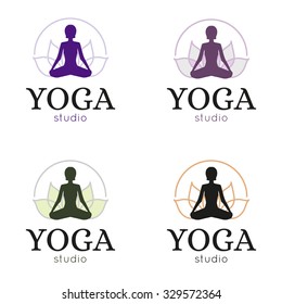 Vector yoga studio logos set. Lotus yoga pose logo.Yoga maditation logo. Logo with a woman exercising yoga relaxation pose on a lotus background.