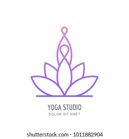 Vector yoga studio or school outline logo, emblem, label design template. Line human silhouette in lotus position. Woman and lotus flower leaves illustration.