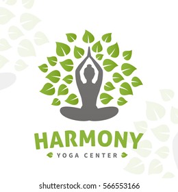 Vector yoga tree logo concept. Harmony insignia design. Wellness center illustration. Girl with leaves on white background