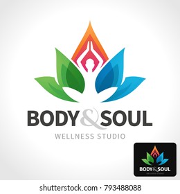 Vector yoga, wellness, spa studio logo template. Woman silhouette and lotus flower illustration.