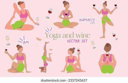 Vector Yoga and Wine set. Girl with wine glass doing yoga, asana, meditation. Funny and colorful vector set  for posters, stickers, getting card, banner, invitation