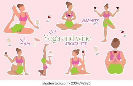 Vector Yoga and Wine sticker set. Girl with wine glass doing yoga, asana, meditation. Funny and colorful vector stickers