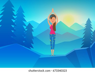 Vector yoga, Young Woman doing Yoga on top of Mountain. Calm and cool environment. Healthy active lifestyle. Digital character illustration.