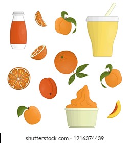 Vector yoghurt and fruit illustration. Set of drinkable and frozen yoghurt. Fresh organic diary products with orange and apricot
