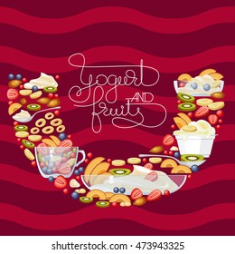 Vector yogurt, fruit and berry round banner with handwritten words, spoons, cup and glass bowl on dark red wave background. Health care products.