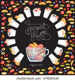 Vector yogurt, fruit and berry round banner with handwritten words, spoons, cup and glass bowl on black background. Health care products.