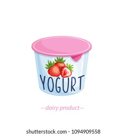 Vector yogurt icon with berries. Dairy products for menu breakfast and design market. Cartoon style.