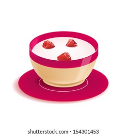 vector yogurt in plate with berries isolated on white background, fresh breakfast