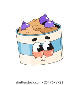 Vector yogurt pop art sticker. Cartoon yogurt icon with face and eyes. Dairy food with milk and cream. Funny dessert product symbol for breakfast sign. Yoghurt or design for sticker or sign. Diet.