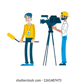 Vector yong man video reporter with beard in cap working setting camera, man with microphone taking tv interview for breaking news broadcast. Male journalist, television correspondent character