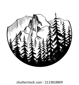 Vector Yosemite National park and falls in Califarnia illustration. Hand drawn mountain and woods. Design in simple graphic style perfect for  badges, emblems, patches, t-shirts, etc.