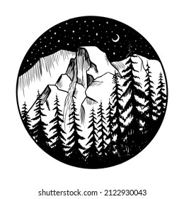 Vector Yosemite National park and falls in Califarnia illustration. Hand drawn mountain and woods. Design in simple graphic style perfect for badges, emblems, patches, t-shirts, etc.