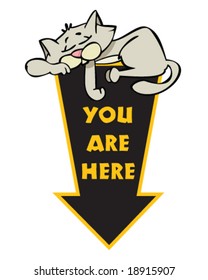 vector you are here sign with sleeping cat on top