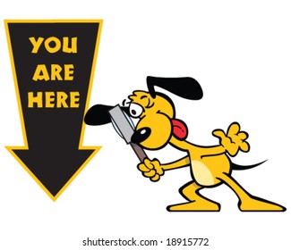 vector you are here sign with yellow dog and magnifying glass