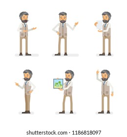 Vector young adult hipster man in vest ready-to-use character dialogue and presentation poses set in flat style.