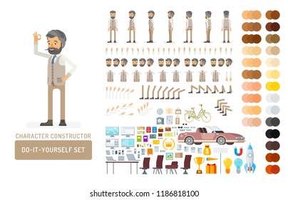 Vector young adult hipster man in vest do-it-yourself creation kit. Full length, gestures, emotions - all character constructor elements for building your own design for infographic illustrations.