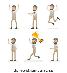 Vector young adult hipster man in vest ready-to-use character success and positive mood poses set in flat style.
