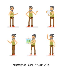 Vector young adult hipster man in tank top shirt ready-to-use character marketing and infographic poses set in flat style.