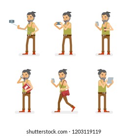 Vector young adult hipster man in tank top shirt ready-to-use character gadget using poses set in flat style.