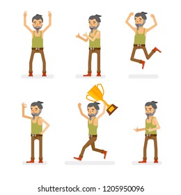 Vector young adult hipster man in tank top shirt ready-to-use character success and positive mood poses set in flat style.