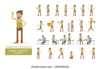Vector young adult hipster man in tank top shirt ready-to-use character casual poses set in flat style. Full length, gestures, emotions, front, side, back view.