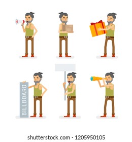 Vector young adult hipster man in tank top shirt ready-to-use character marketing and infographic poses set in flat style.